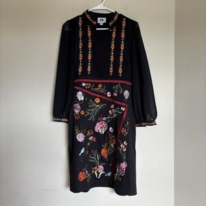 Vicky and Lucas Black embroidered MIDI long sleeve Dress sz‎ Medium black floral
